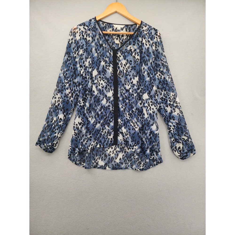 Cabi Blue Leopard Animal Print V-Neck Blouse Sheer Chiffon Top Womens Medium 977